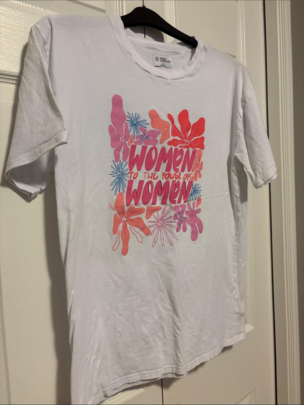Aritzia White Tee with Pink & Coral Floral Graphic